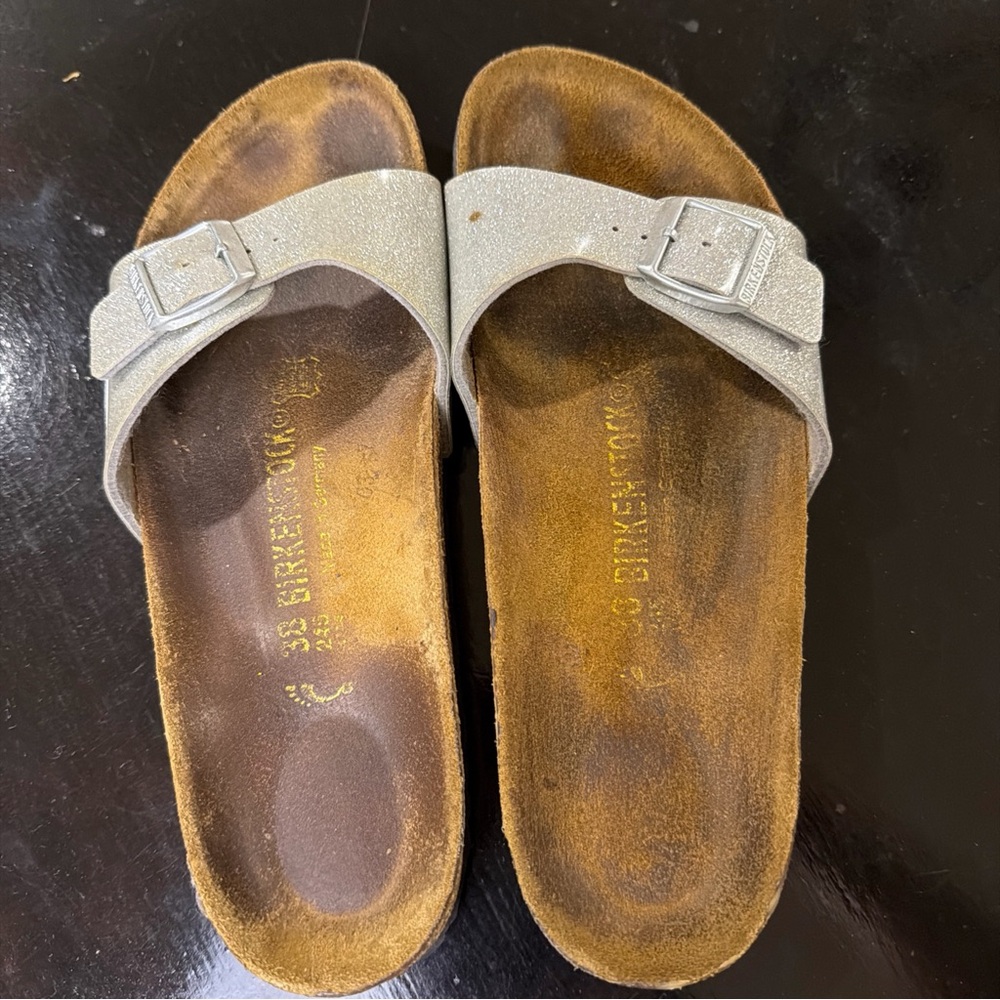 Birkenstock Glittery Silver Slides sz 38